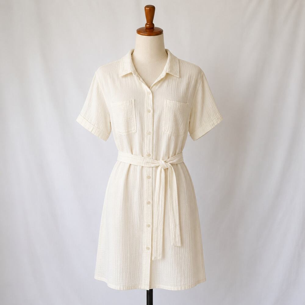 Weatherproof Vintage White Cotton Shirt Dress Belted Size L Gauze Midi
